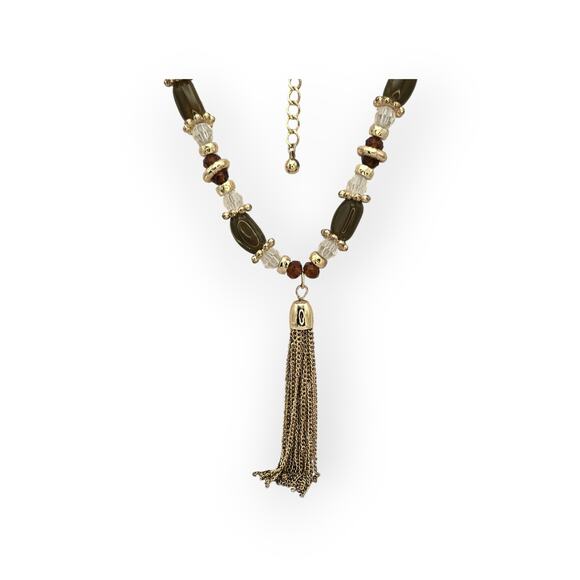 Amber Brown Gold Beaded Tassel Necklace – Vintage Boho Glam 1970s Style Jewelry - Picture 3 of 7